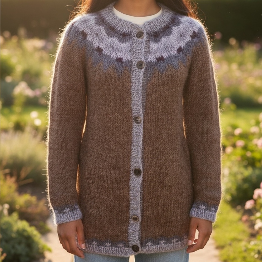 Women's Vintage Mohair Wool Blend Long Brown and Gray Patterned Sweater